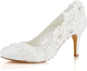 Emily Bridal Wedding Shoes Women's Silk Like Satin Stiletto Heel Pumps with Stitching Lace Flower Crystal Pearl