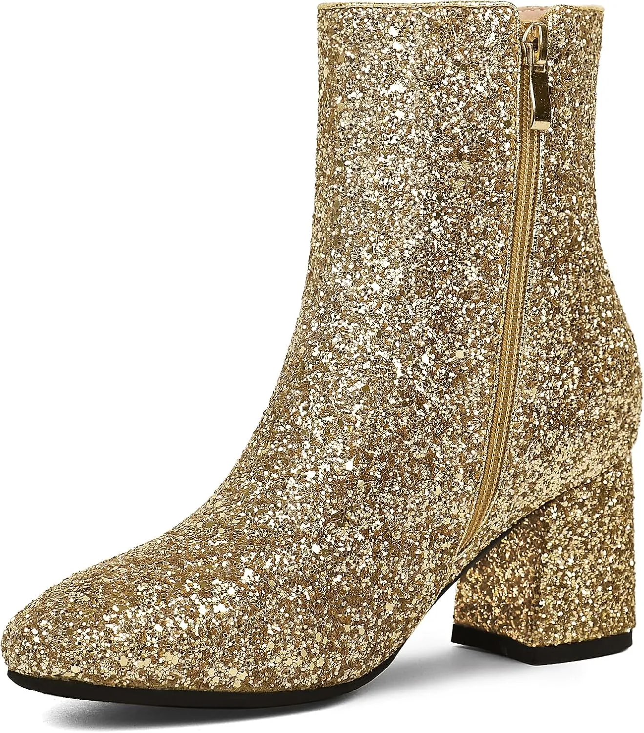 FIFSY Women Sparkly Ankle Boots Sequin Glitter Booties Chunky High Heels Gold US9.5 EU40