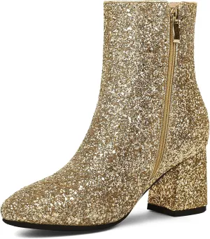FIFSY Women Sparkly Ankle Boots Sequin Glitter Booties Chunky High Heels Gold US9.5 EU40