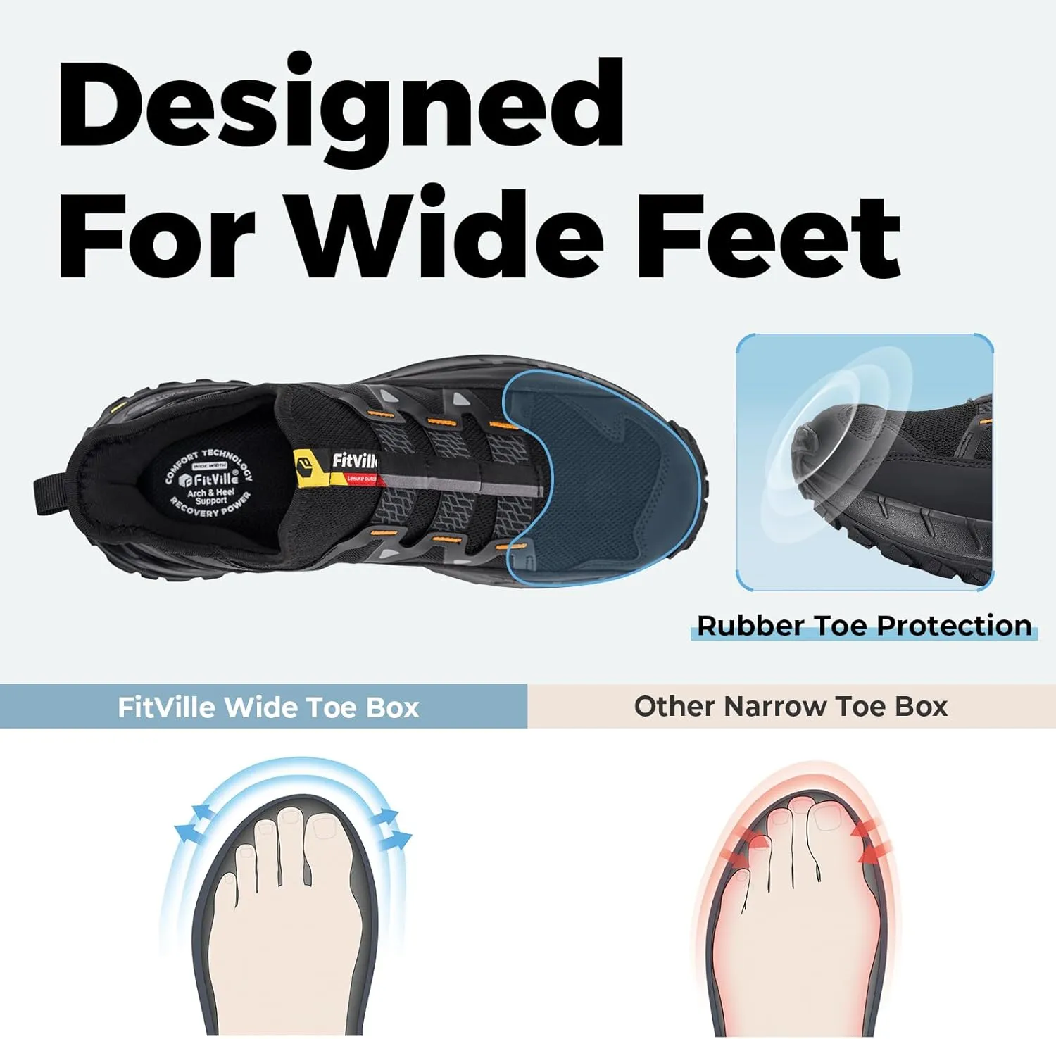 FitVille Extra Wide Sneakers for Men Slip-on Shoes for Men, Soft Comfortable Mens Wide Running Shoe, Slip Resistant Hiking Walking Shoes with Arch Support & Wide Toe Box
