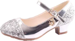 Girls Dress Shoes Mary Jane Wedding Flower Bridesmaids Heels Glitter Princess Shoes with Adjustable Strap for Kids
