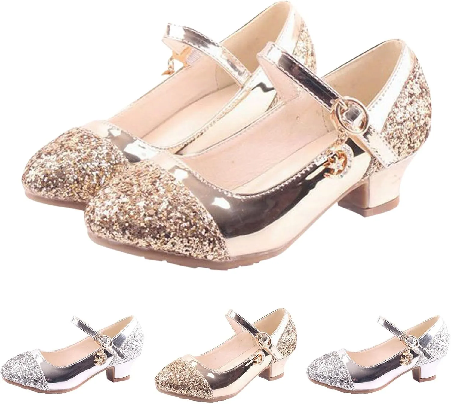 Girls Dress Shoes Mary Jane Wedding Flower Bridesmaids Heels Glitter Princess Shoes with Adjustable Strap for Kids