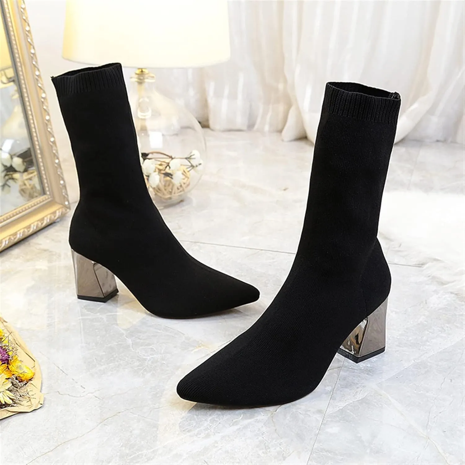 High heels Ankle Boots Women Shoes Elastic Sock Boot Chunky High Heels StretchBooties Pointed Toe Plus
