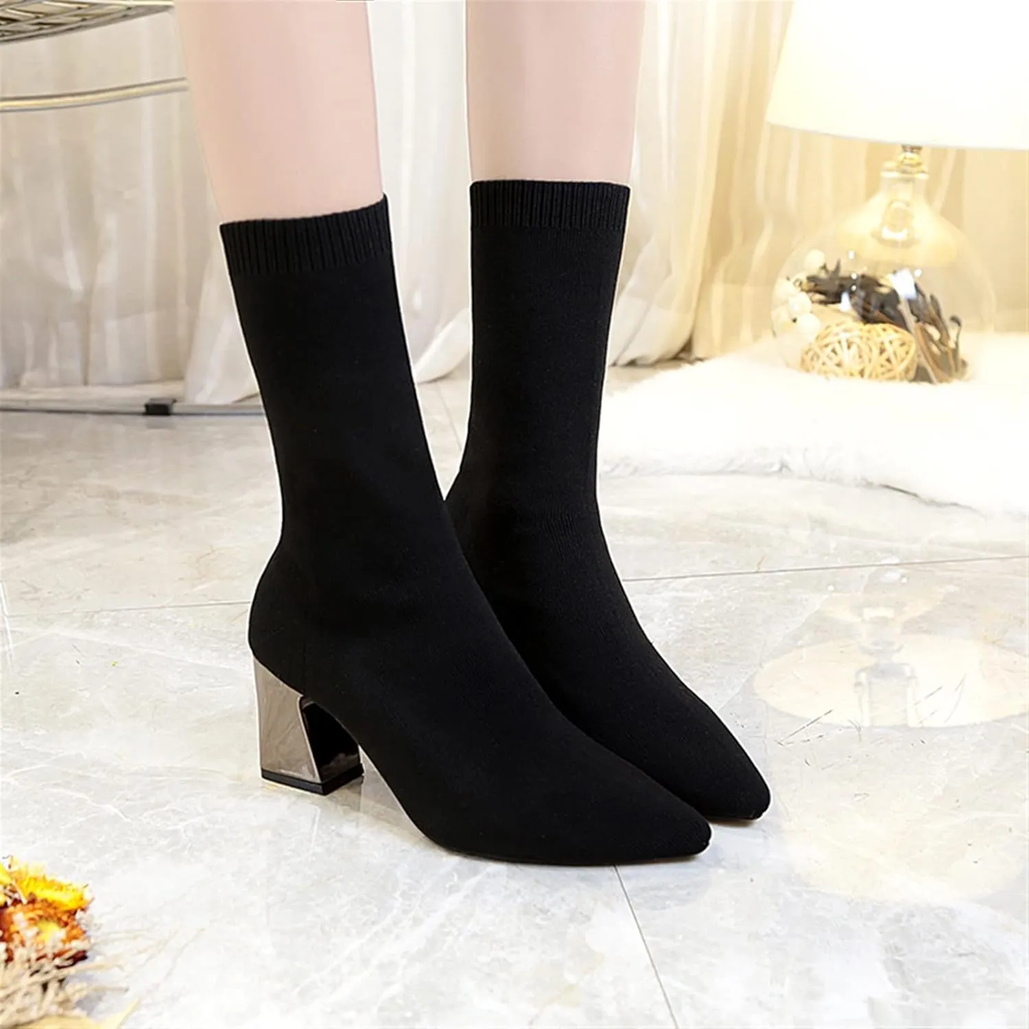 High heels Ankle Boots Women Shoes Elastic Sock Boot Chunky High Heels StretchBooties Pointed Toe Plus