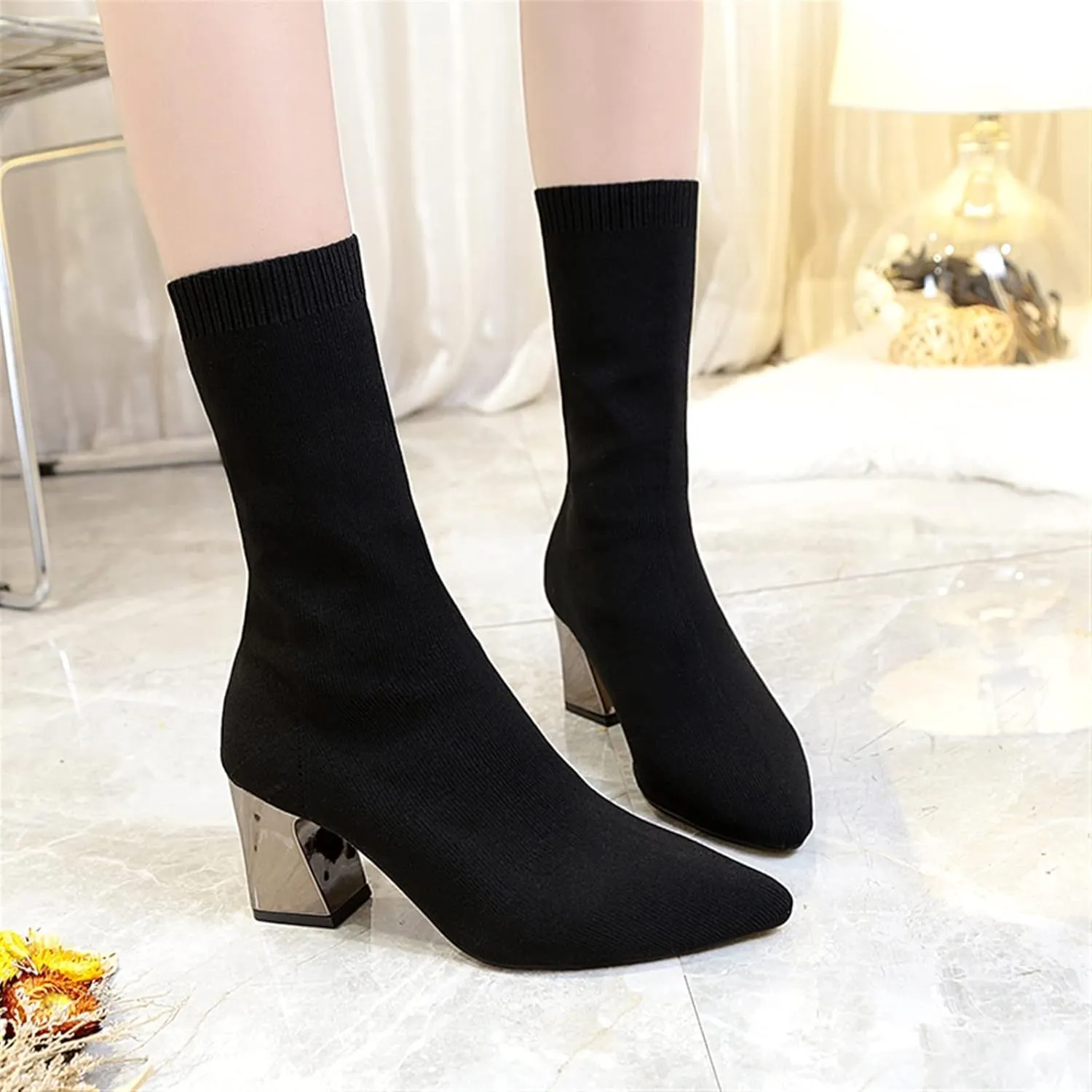 High heels Ankle Boots Women Shoes Elastic Sock Boot Chunky High Heels StretchBooties Pointed Toe Plus