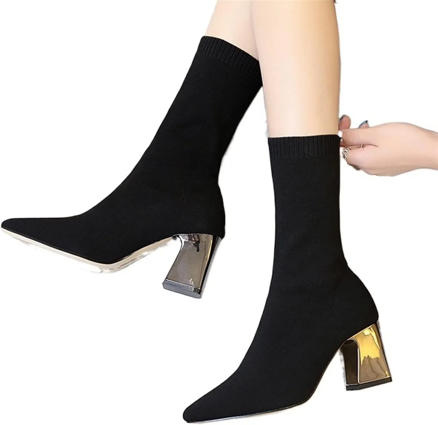 High heels Ankle Boots Women Shoes Elastic Sock Boot Chunky High Heels StretchBooties Pointed Toe Plus