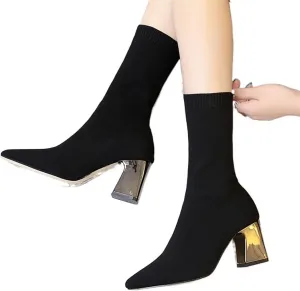 High heels Ankle Boots Women Shoes Elastic Sock Boot Chunky High Heels StretchBooties Pointed Toe Plus