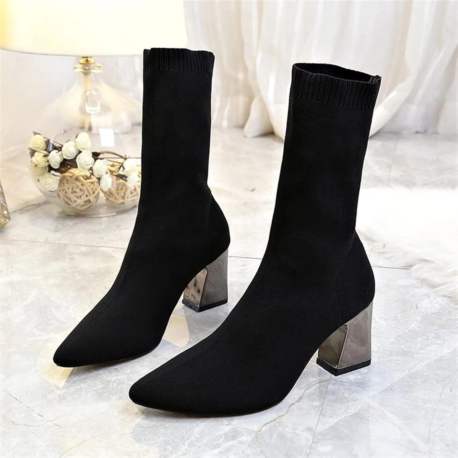 High heels Ankle Boots Women Shoes Elastic Sock Boot Chunky High Heels StretchBooties Pointed Toe Plus