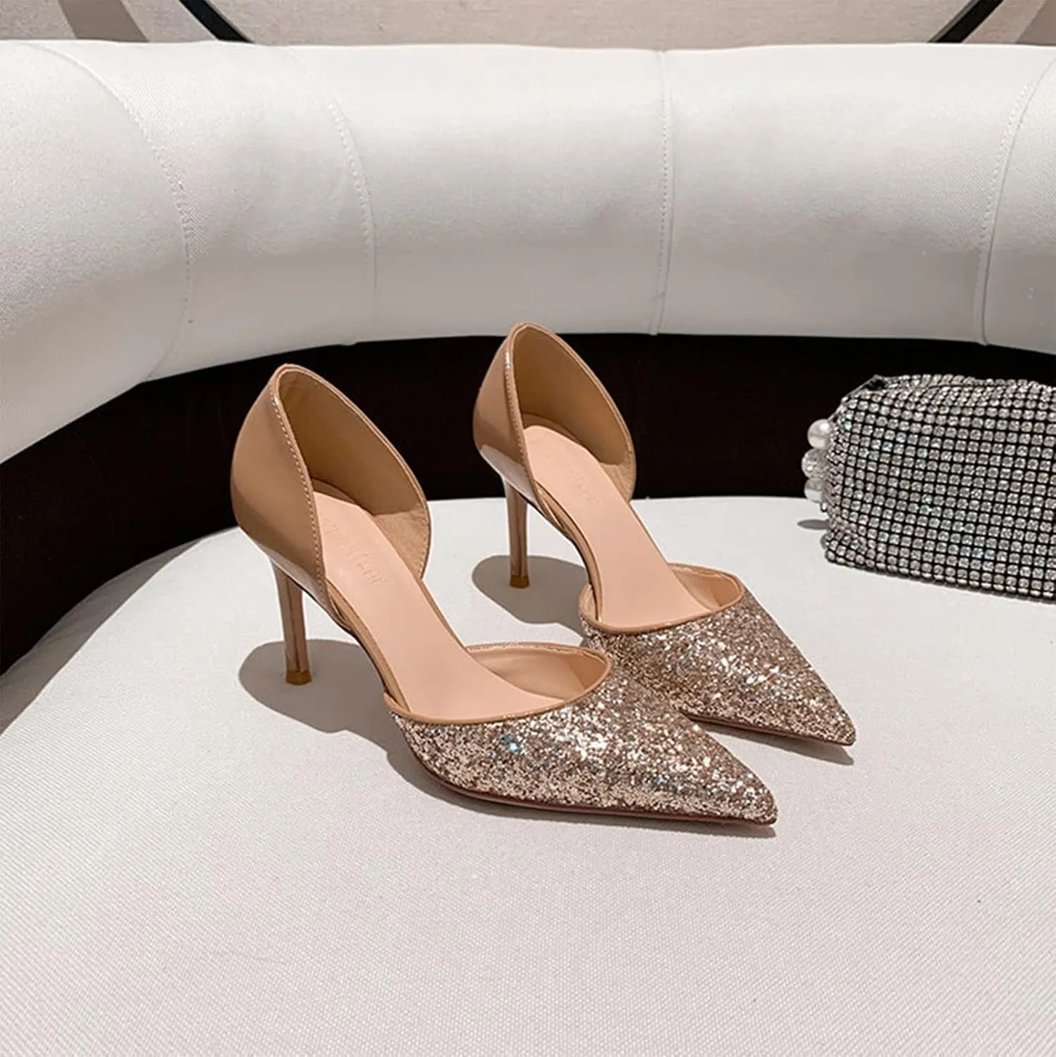High Heels, Gold Glitter Stiletto Heel Point Toe Pump Colorblock Sandals