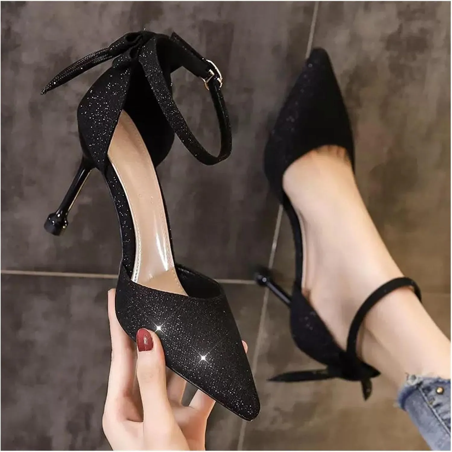 High Heels Shiny Crystal High Heels for Women Pointed Toe Strap Pumps for Wedding and Party