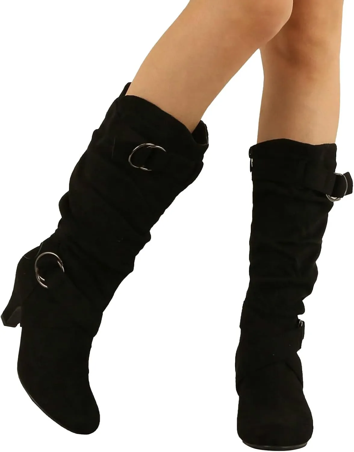 Hiking Boots Women Suede Cross Belt Thigh High Boots Low Heeled Pull On Knee High Boots Mid Calf Bootie