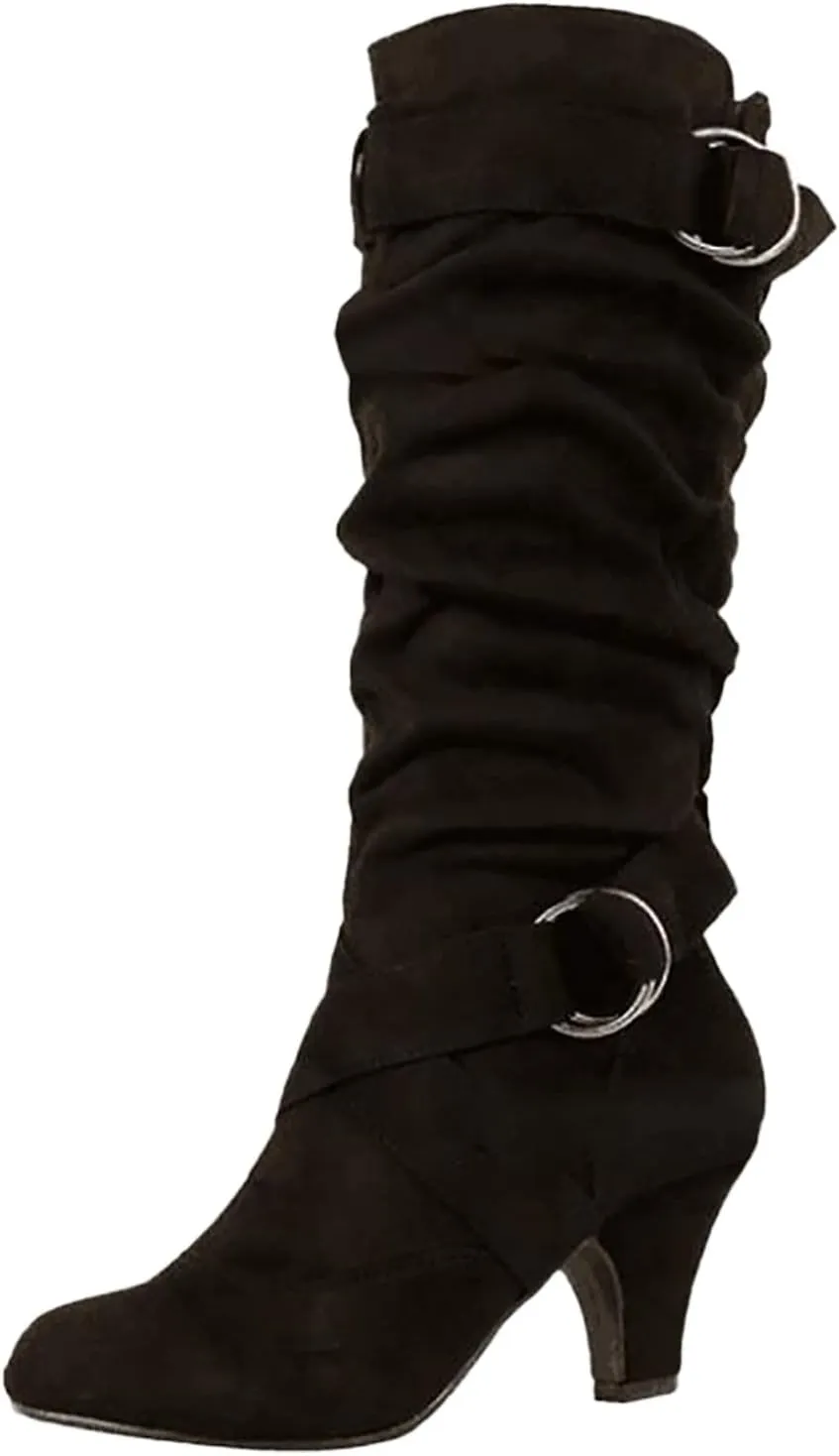 Hiking Boots Women Suede Cross Belt Thigh High Boots Low Heeled Pull On Knee High Boots Mid Calf Bootie
