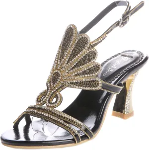 Honeystore Women's Rhinestone Peacock Patterned Handmade Sandals with Chunky Heel