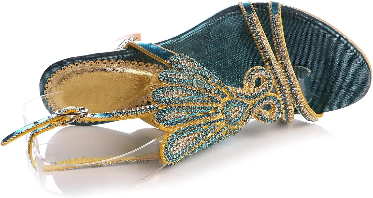 Honeystore Women's Rhinestone Peacock Patterned Handmade Sandals with Chunky Heel