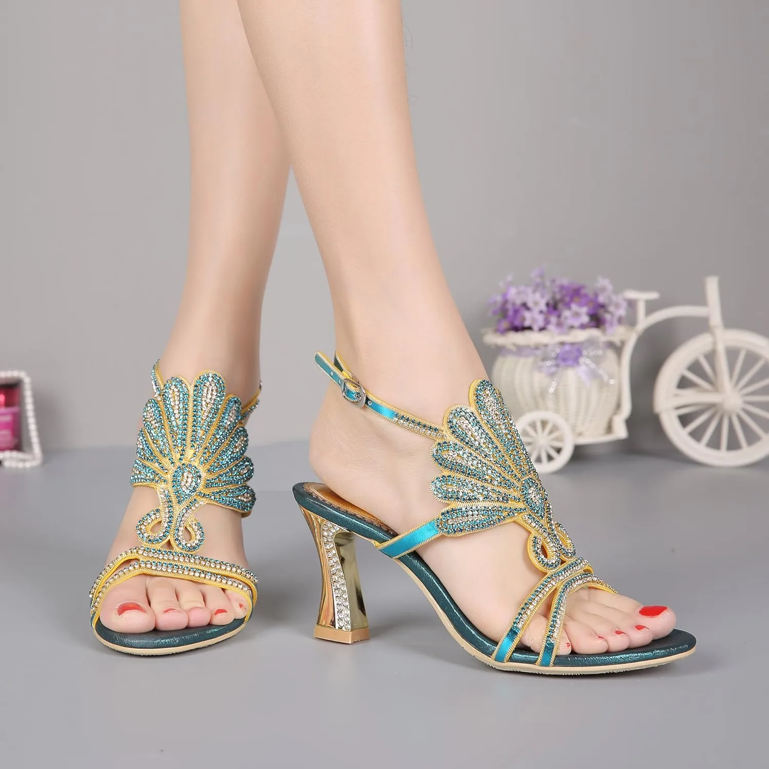 Honeystore Women's Rhinestone Peacock Patterned Handmade Sandals with Chunky Heel