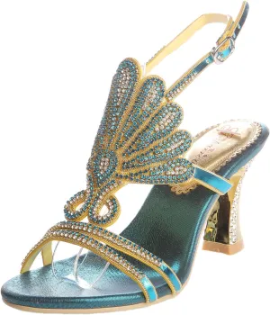 Honeystore Women's Rhinestone Peacock Patterned Handmade Sandals with Chunky Heel