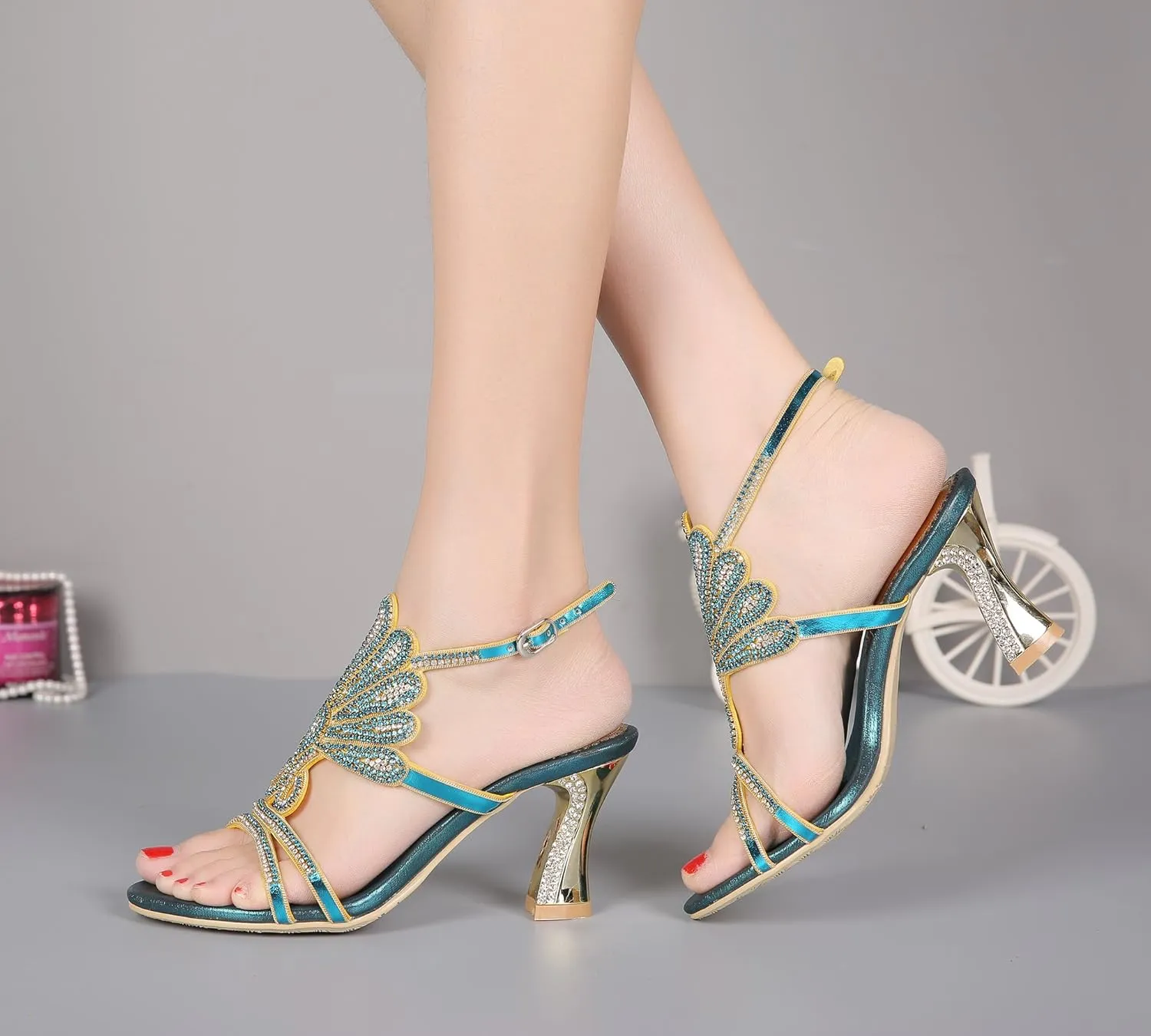 Honeystore Women's Rhinestone Peacock Patterned Handmade Sandals with Chunky Heel