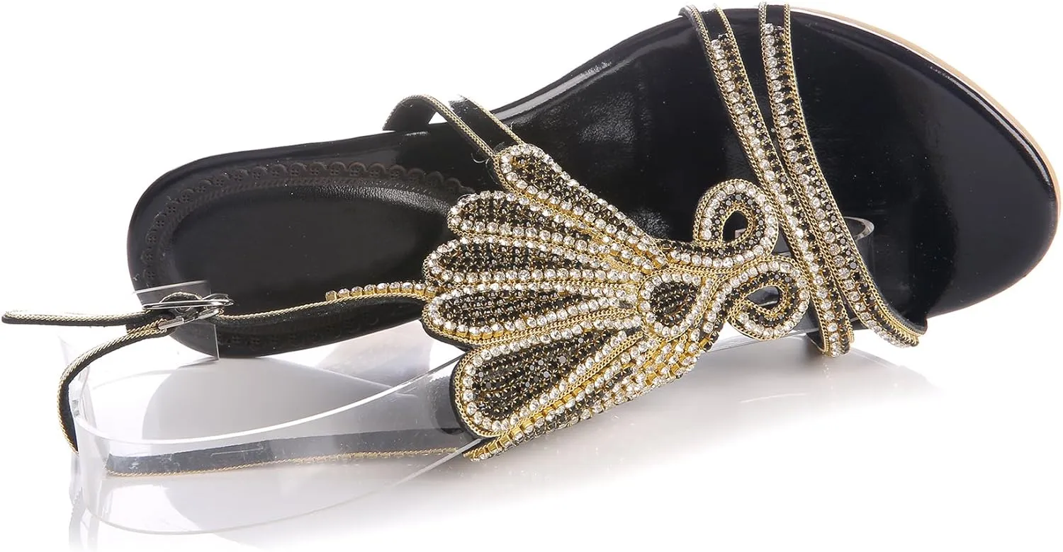 Honeystore Women's Rhinestone Peacock Patterned Handmade Sandals with Chunky Heel