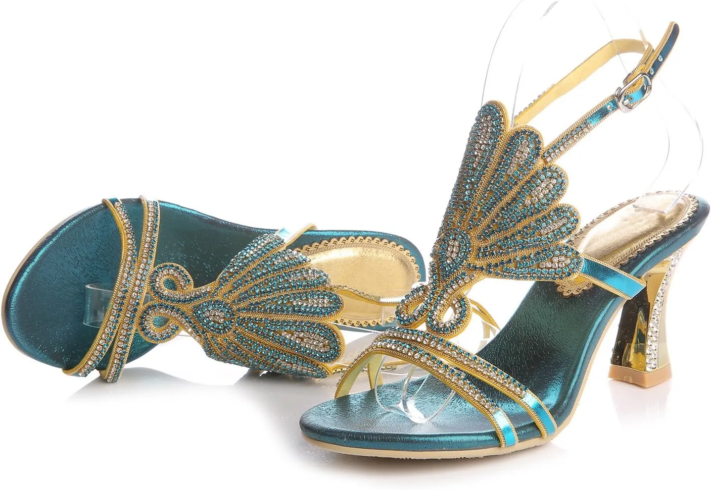 Honeystore Women's Rhinestone Peacock Patterned Handmade Sandals with Chunky Heel
