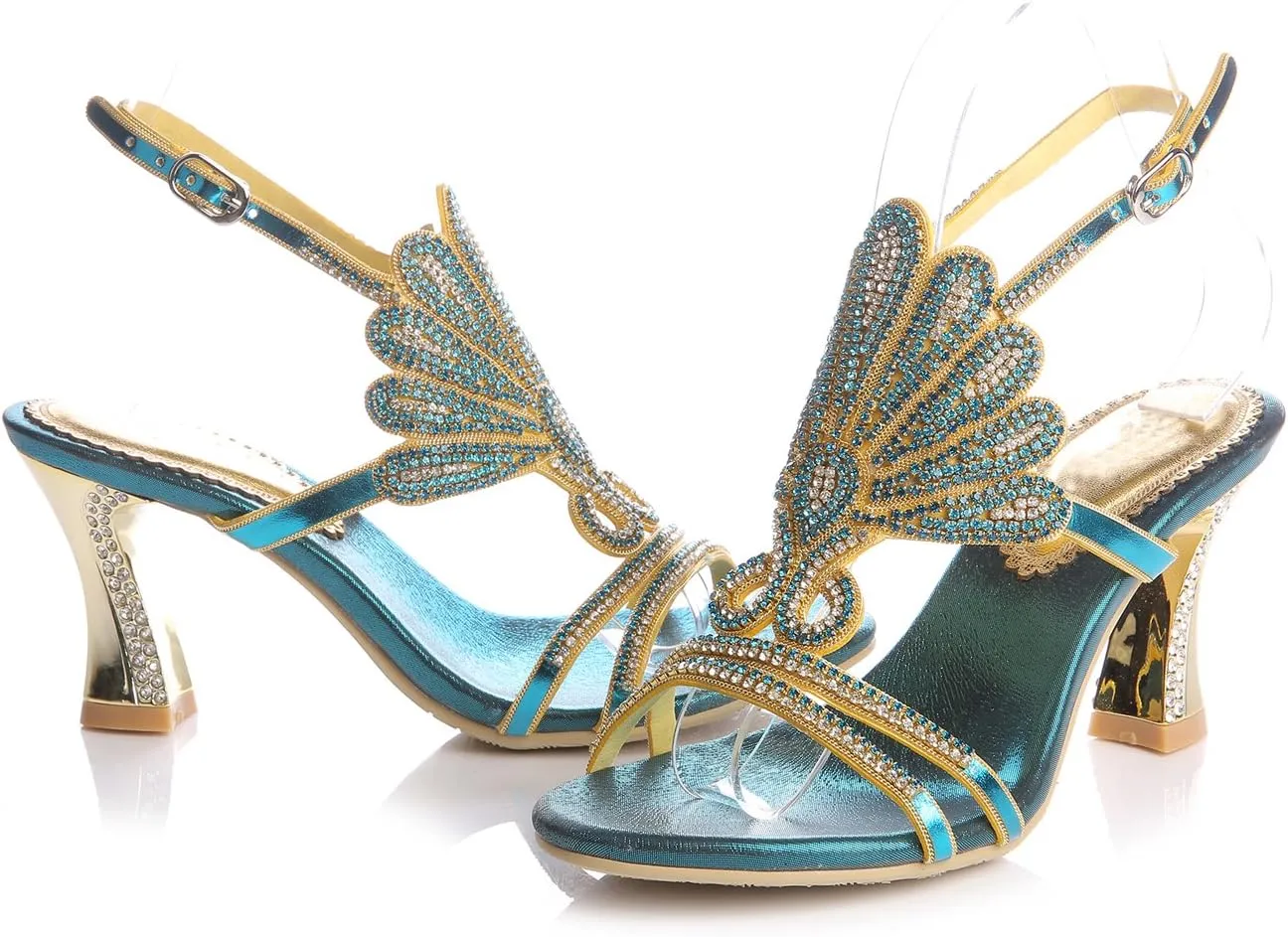 Honeystore Women's Rhinestone Peacock Patterned Handmade Sandals with Chunky Heel