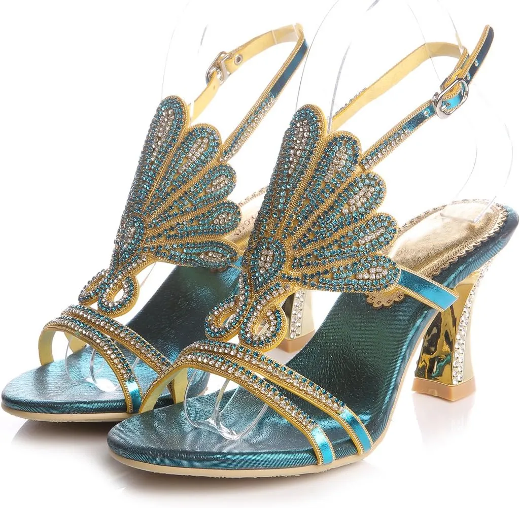 Honeystore Women's Rhinestone Peacock Patterned Handmade Sandals with Chunky Heel