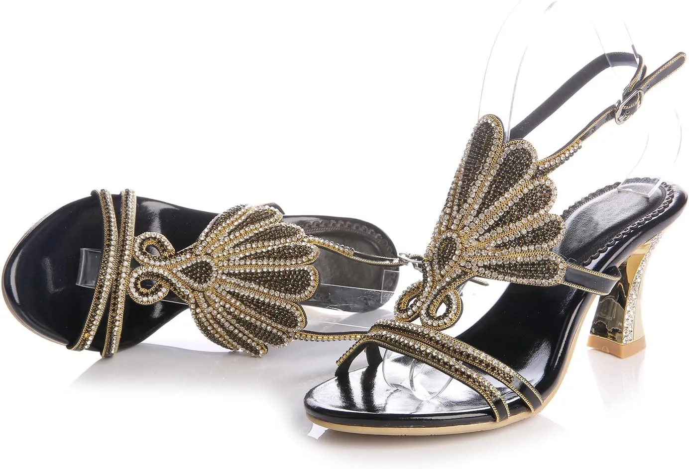 Honeystore Women's Rhinestone Peacock Patterned Handmade Sandals with Chunky Heel