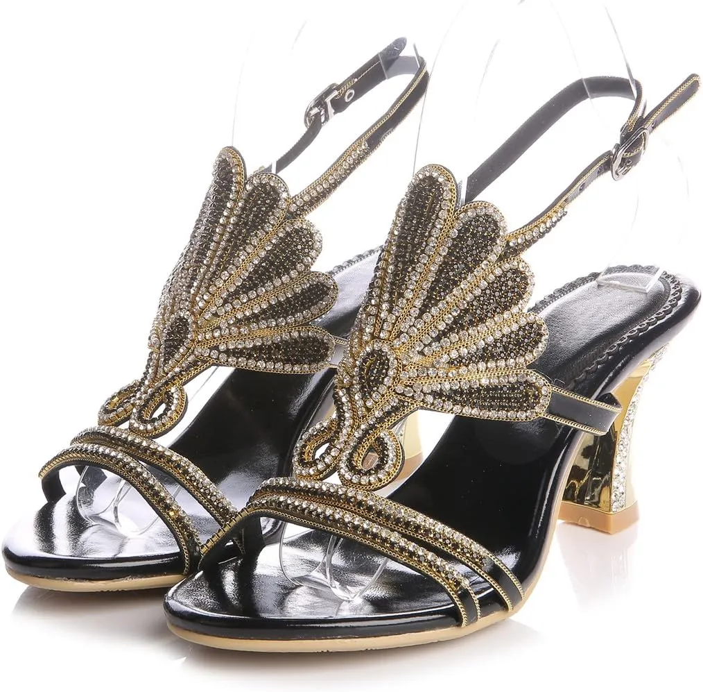 Honeystore Women's Rhinestone Peacock Patterned Handmade Sandals with Chunky Heel