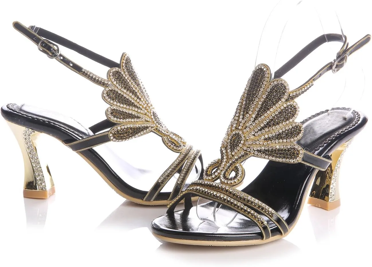 Honeystore Women's Rhinestone Peacock Patterned Handmade Sandals with Chunky Heel