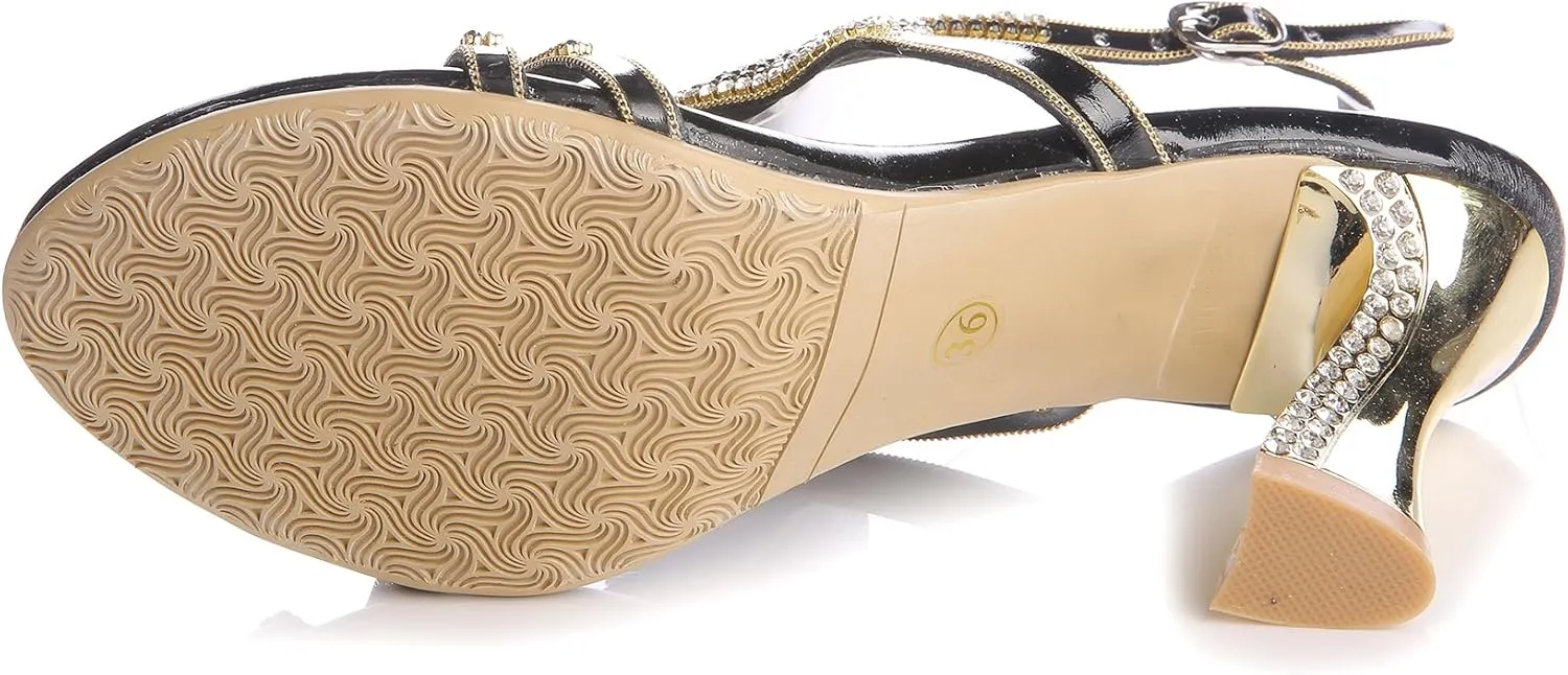 Honeystore Women's Rhinestone Peacock Patterned Handmade Sandals with Chunky Heel