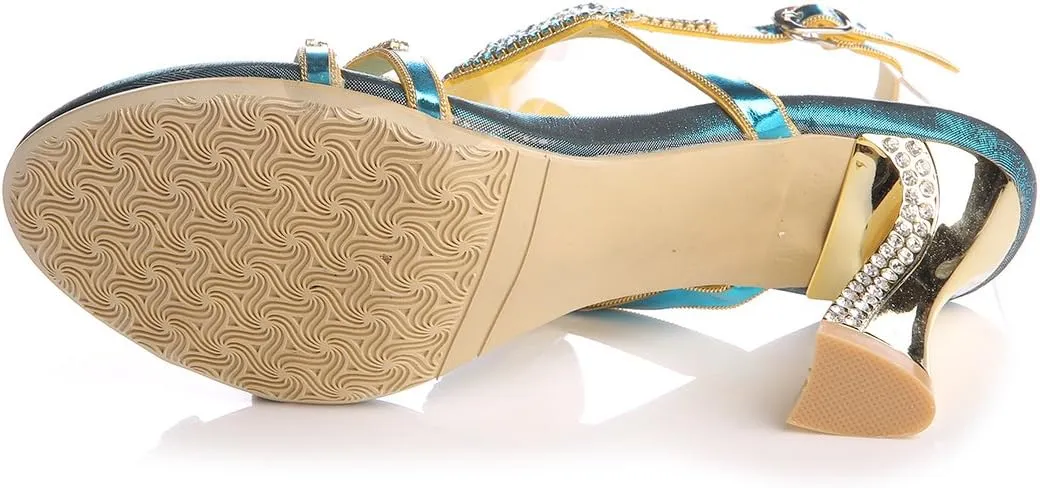 Honeystore Women's Rhinestone Peacock Patterned Handmade Sandals with Chunky Heel