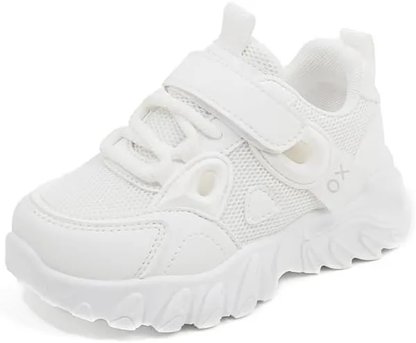 Kids Athletic Sneakers, Mesh Breathable Running Shoes, Hook and Loop Closure, White