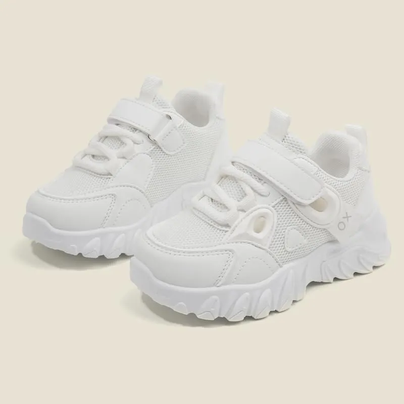 Kids Athletic Sneakers, Mesh Breathable Running Shoes, Hook and Loop Closure, White