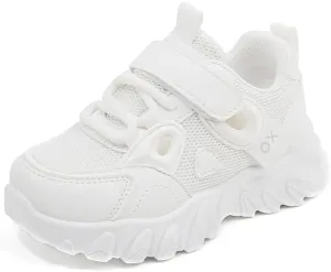 Kids Athletic Sneakers, Mesh Breathable Running Shoes, Hook and Loop Closure, White