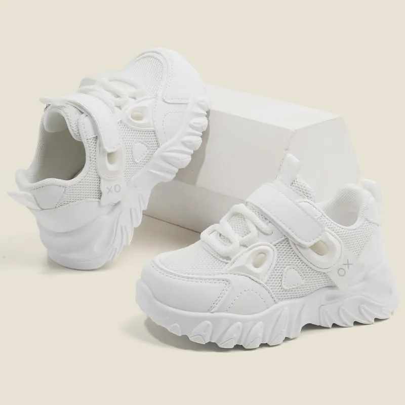 Kids Athletic Sneakers, Mesh Breathable Running Shoes, Hook and Loop Closure, White