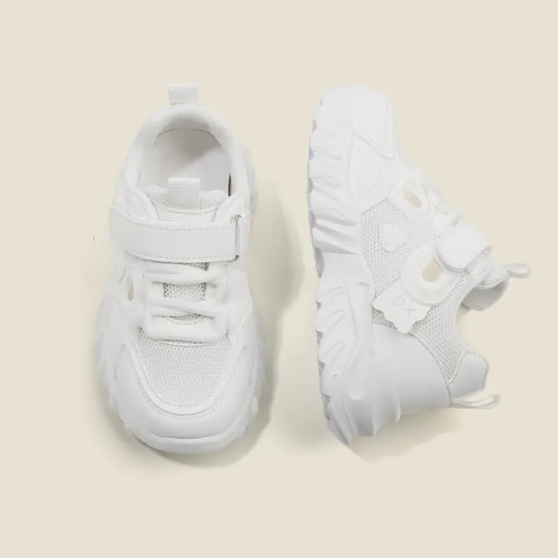 Kids Athletic Sneakers, Mesh Breathable Running Shoes, Hook and Loop Closure, White