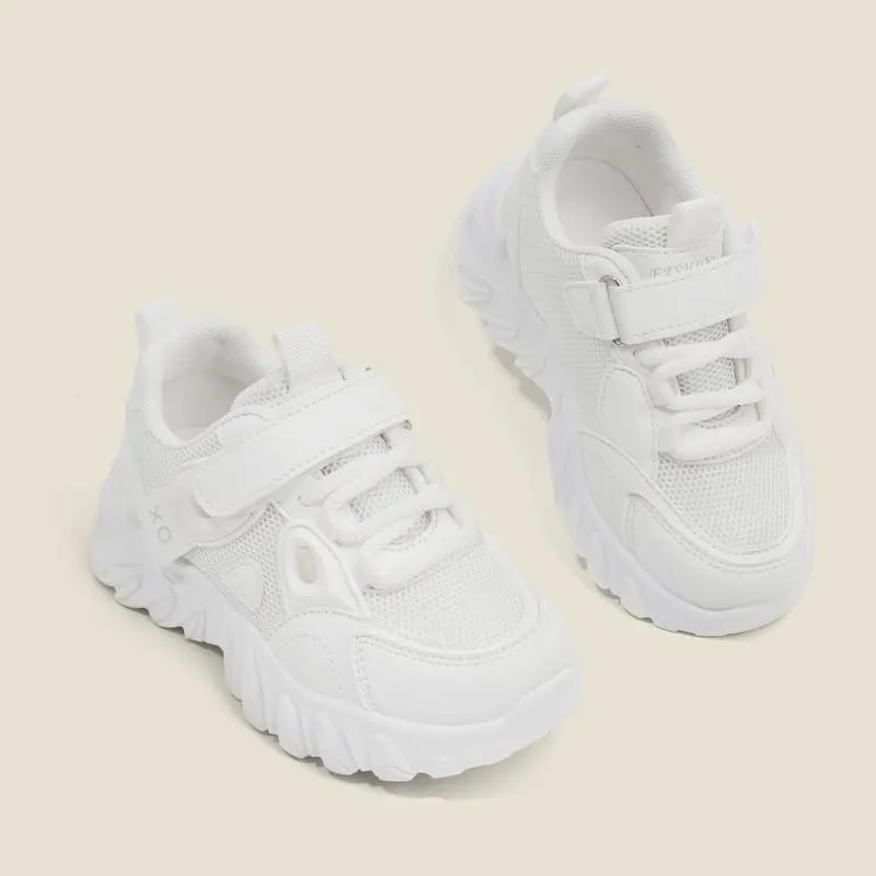 Kids Athletic Sneakers, Mesh Breathable Running Shoes, Hook and Loop Closure, White
