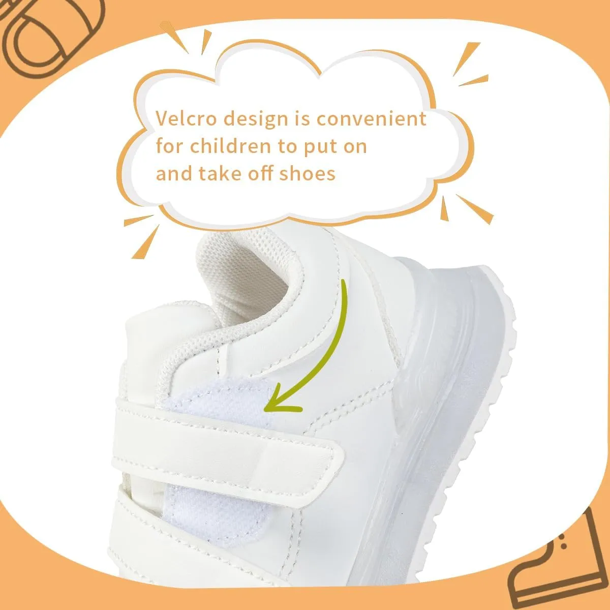 Kids White Sneakers for Boys and Girls with Hook and Loop Closure - Lightweight Non-Slip Athletic Shoes for School, Running, Walking, Casual Wear