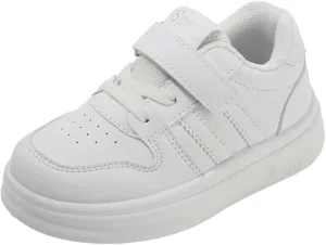 Kids White Sneakers with Hook and Loop Strap, Perforated Design, Non-Slip Sole