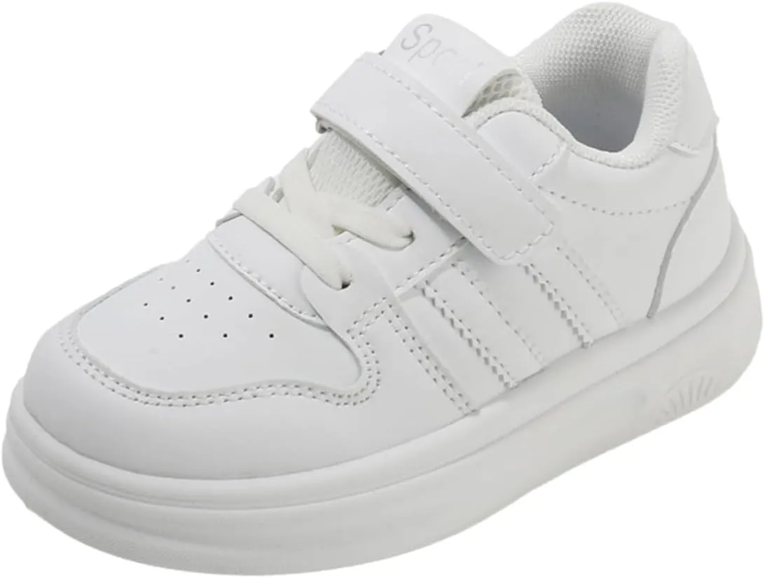 Kids White Sneakers with Hook and Loop Strap, Perforated Design, Non-Slip Sole