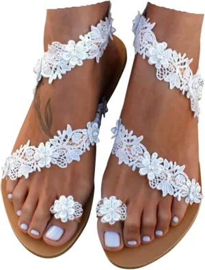 Lace Flower White Bridal Sandals Women's Elegant Flat Beach Wedding Shoes, Bohemian Pearl Embellished Summer Sandals for Bride