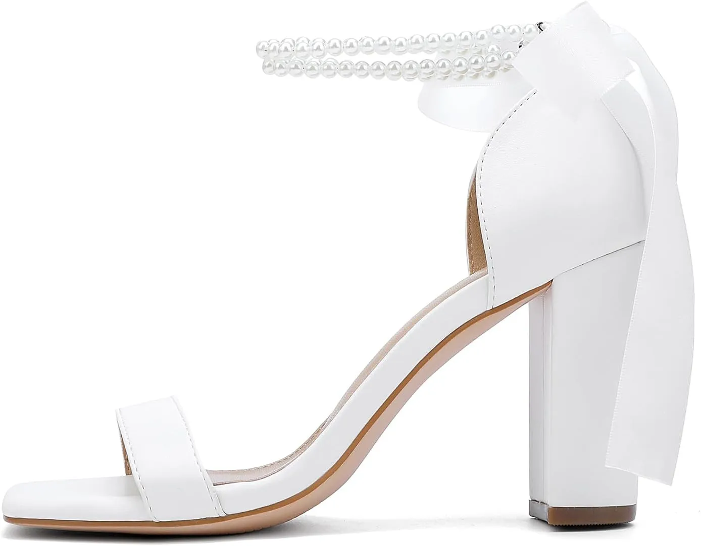 Lace Up Bow Heels for Bride, Pearl Embellished Block HeelsWedding Shoes for Bride