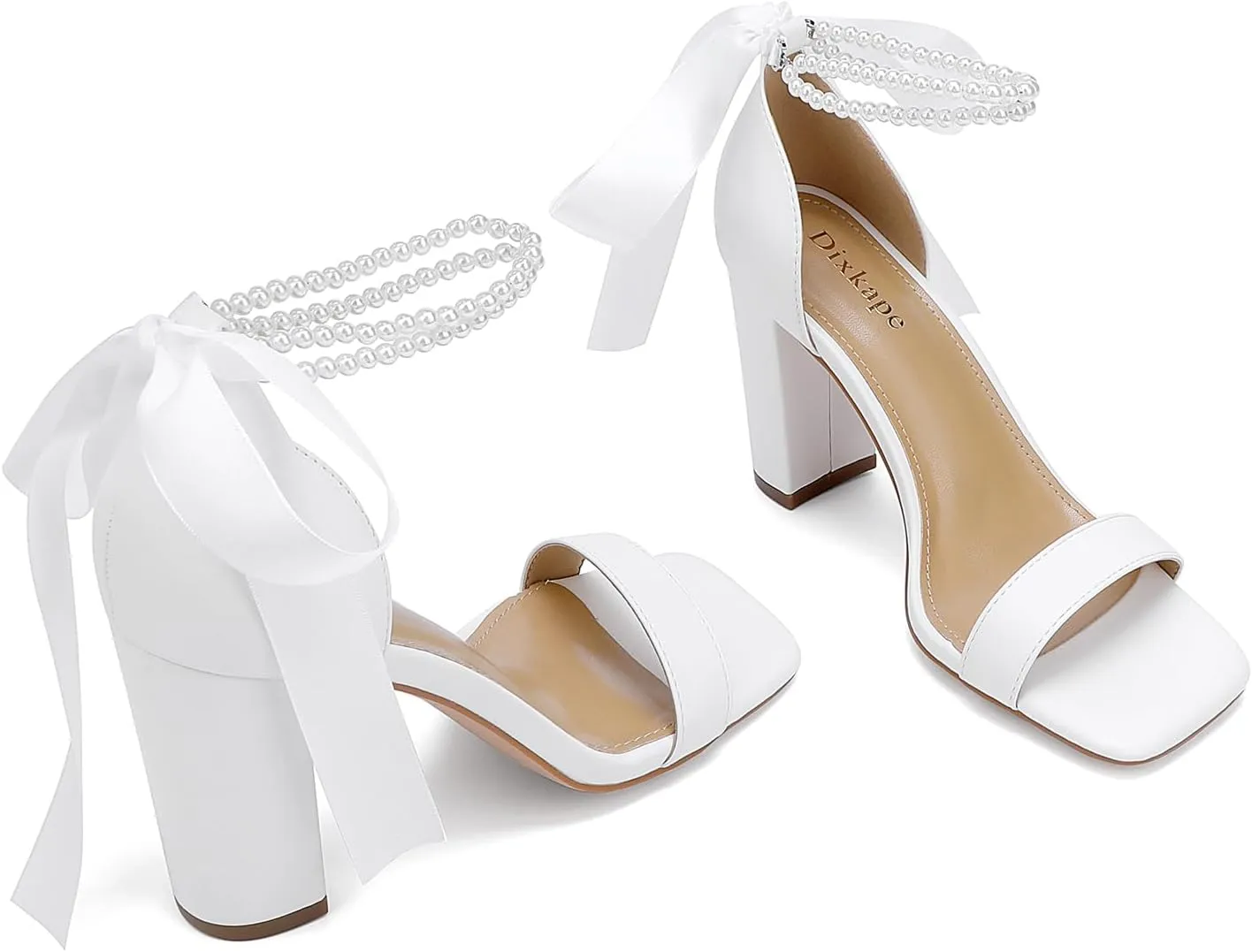 Lace Up Bow Heels for Bride, Pearl Embellished Block HeelsWedding Shoes for Bride