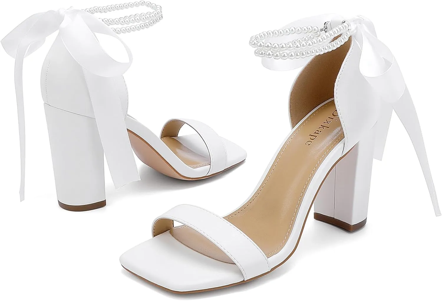 Lace Up Bow Heels for Bride, Pearl Embellished Block HeelsWedding Shoes for Bride