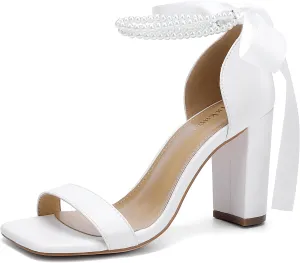 Lace Up Bow Heels for Bride, Pearl Embellished Block HeelsWedding Shoes for Bride