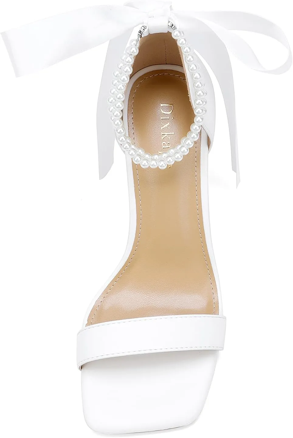 Lace Up Bow Heels for Bride, Pearl Embellished Block HeelsWedding Shoes for Bride