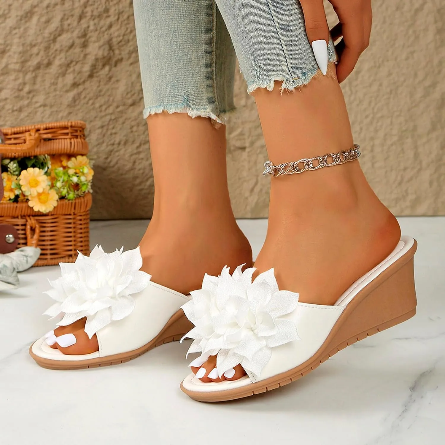 Ladies Flower Sandal Slippers Summer Slope Heel Fish Mouth Women's Casual Roman High Heel Women Beach Sandals Sexy
