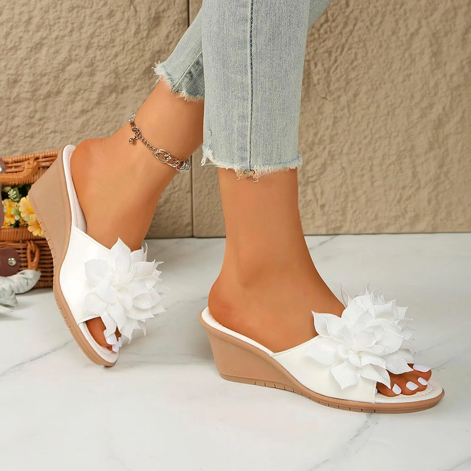 Ladies Flower Sandal Slippers Summer Slope Heel Fish Mouth Women's Casual Roman High Heel Women Beach Sandals Sexy