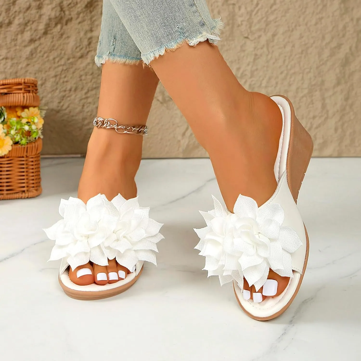 Ladies Flower Sandal Slippers Summer Slope Heel Fish Mouth Women's Casual Roman High Heel Women Beach Sandals Sexy