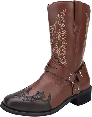Ladmiple Cowgirl Boots Women Wide Calf Knee High Embroidered Pull On Cowboy Western Chunky Heel Mid Calf Wedding Boots