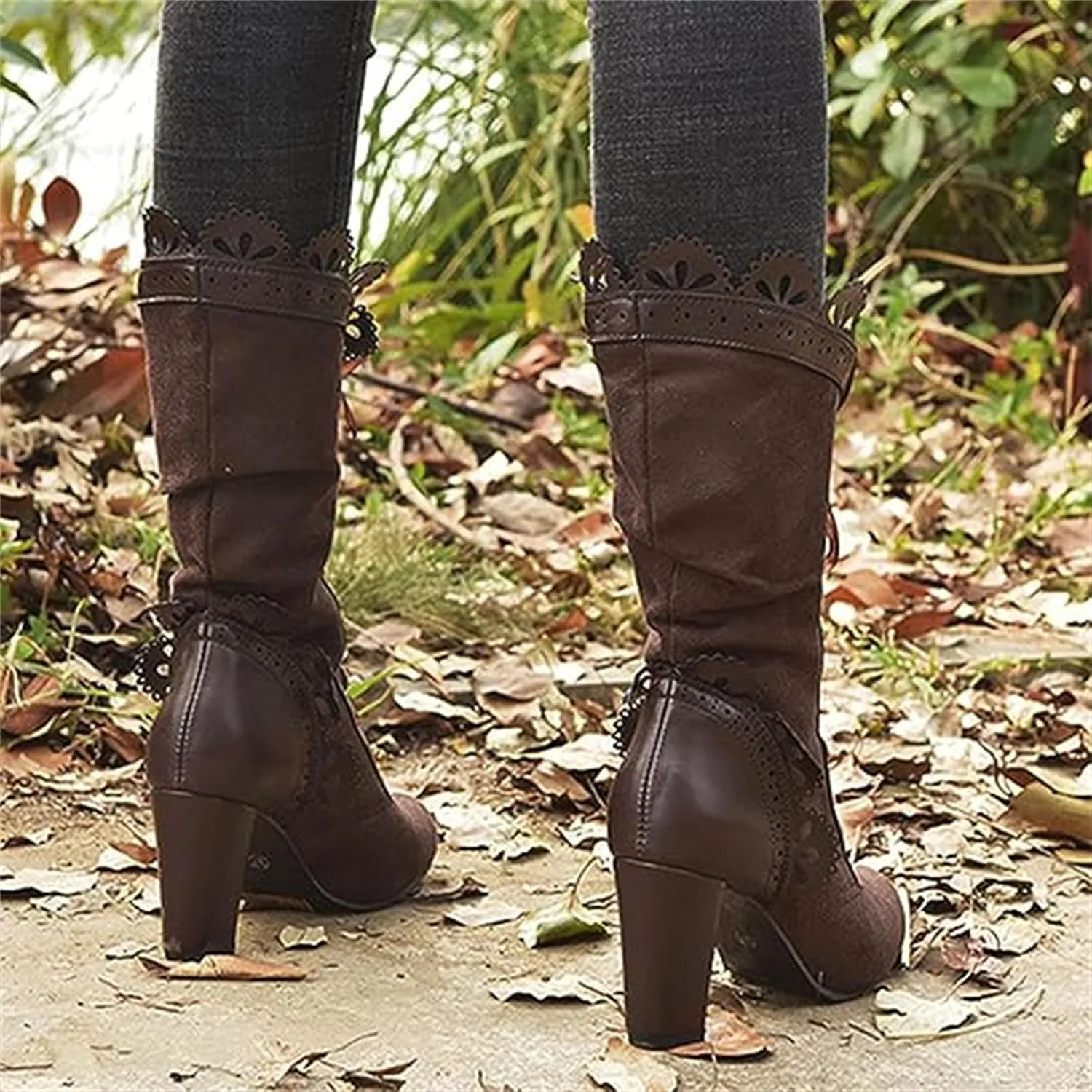 Ladmiple Fall Boots Women Knee High Wide Calf Vintage Victorian Boots 70s Lace up Mid Heel Cone Heel Western Boots 2024